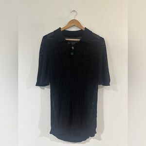 Black Knit Crochet Sheer Collared Polo Shirt Short Sleeve Top Size M